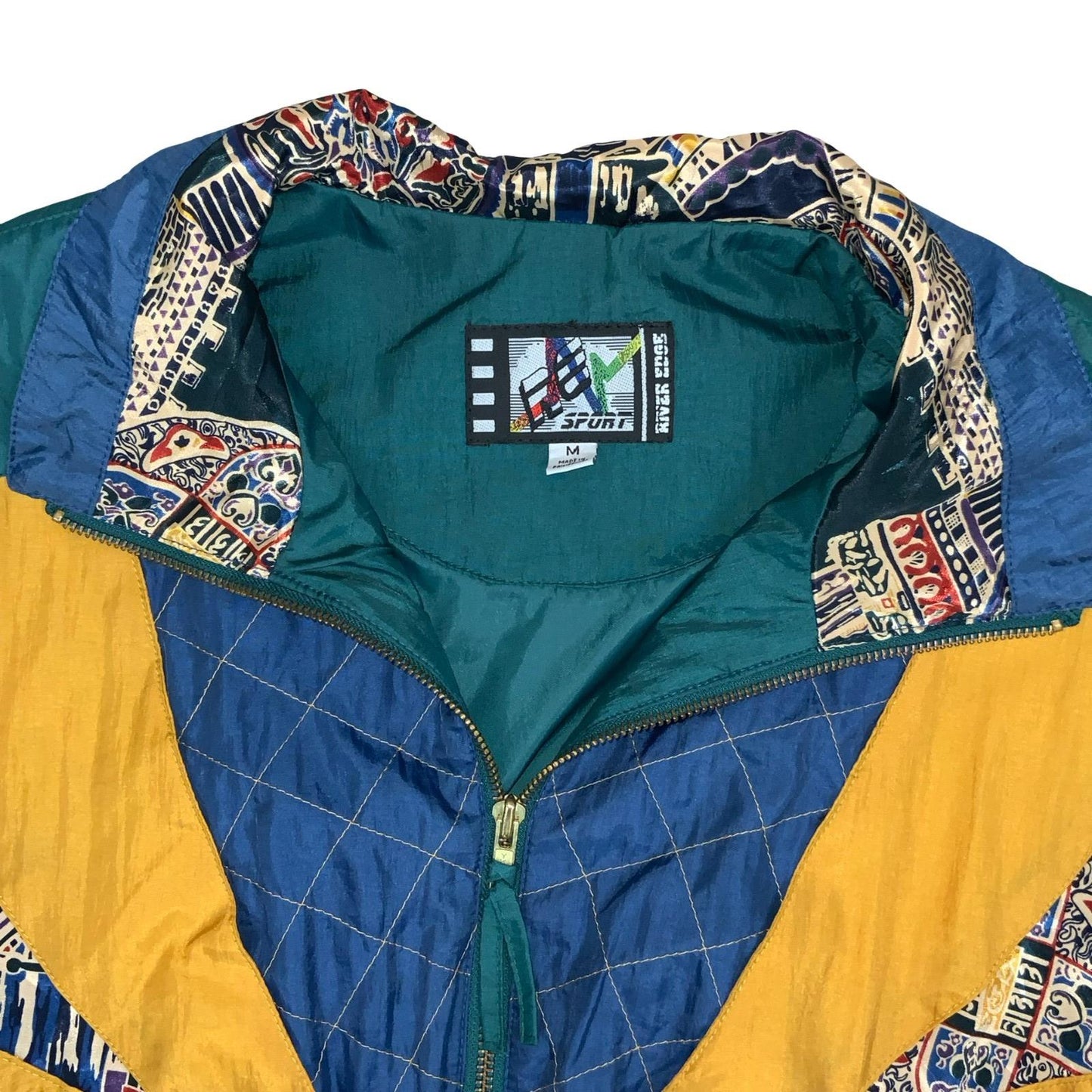 VTG 80s 'RIVER EDGE' YELLOW TEAL GREEN GEOMETRIC PATCHWORK WINDBREAKER JACKET XL