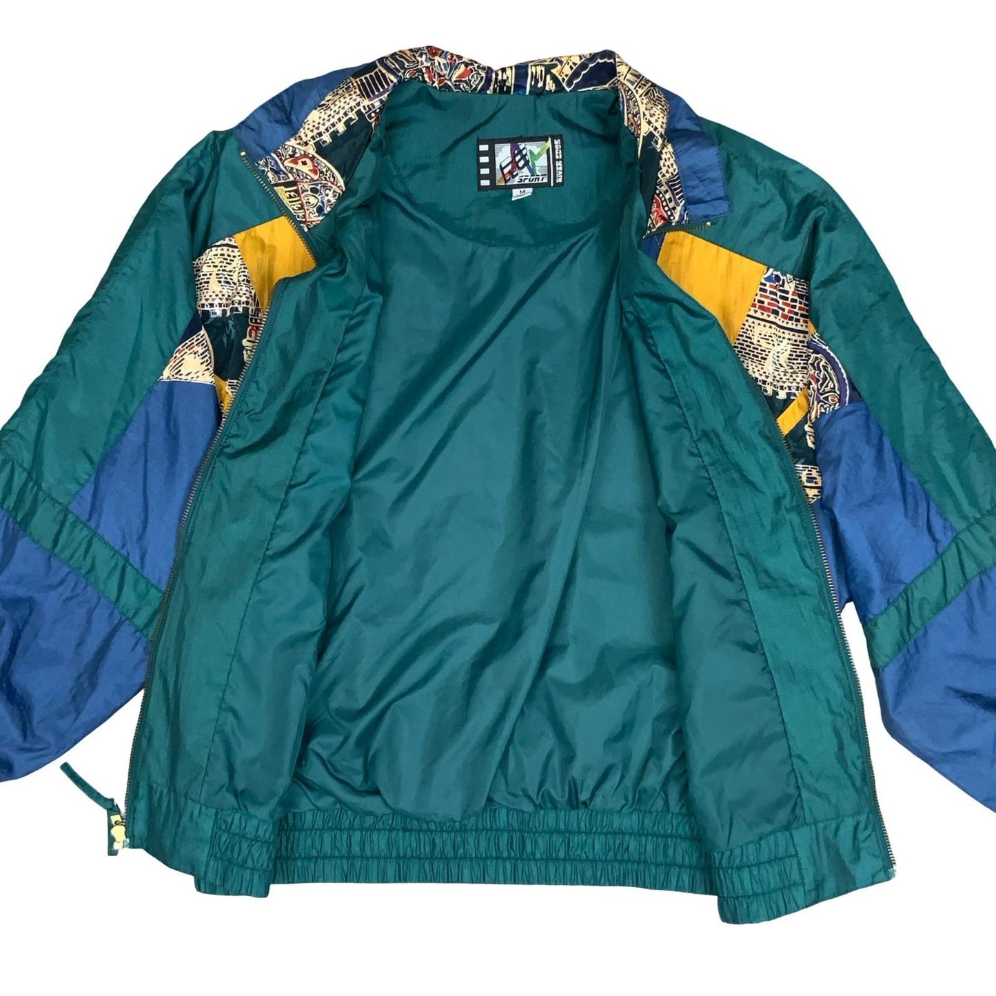 VTG 80s 'RIVER EDGE' YELLOW TEAL GREEN GEOMETRIC PATCHWORK WINDBREAKER JACKET XL