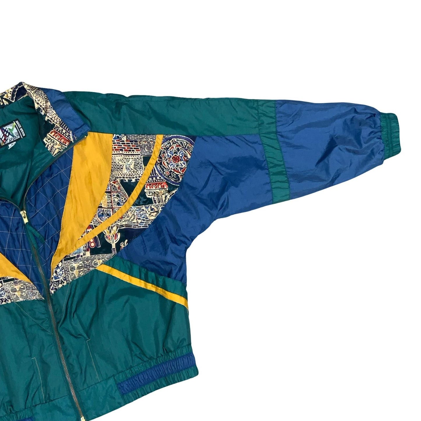 VTG 80s 'RIVER EDGE' YELLOW TEAL GREEN GEOMETRIC PATCHWORK WINDBREAKER JACKET XL