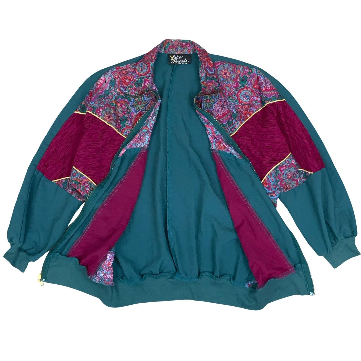 VTG 80s 90s 'SILVER THREADS' TEAL GREEN PINK FLORAL WINDBREAKER JACKET LARGE