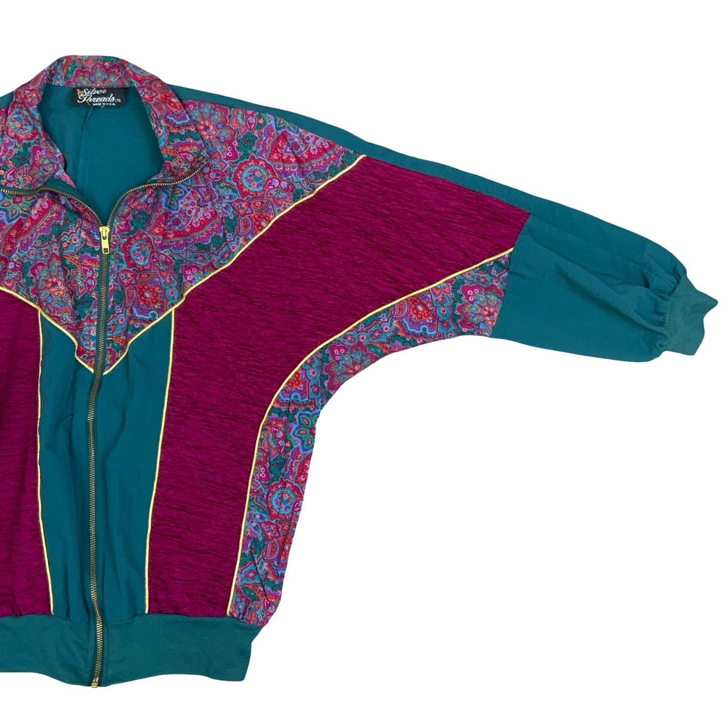 VTG 80s 90s 'SILVER THREADS' TEAL GREEN PINK FLORAL WINDBREAKER JACKET LARGE