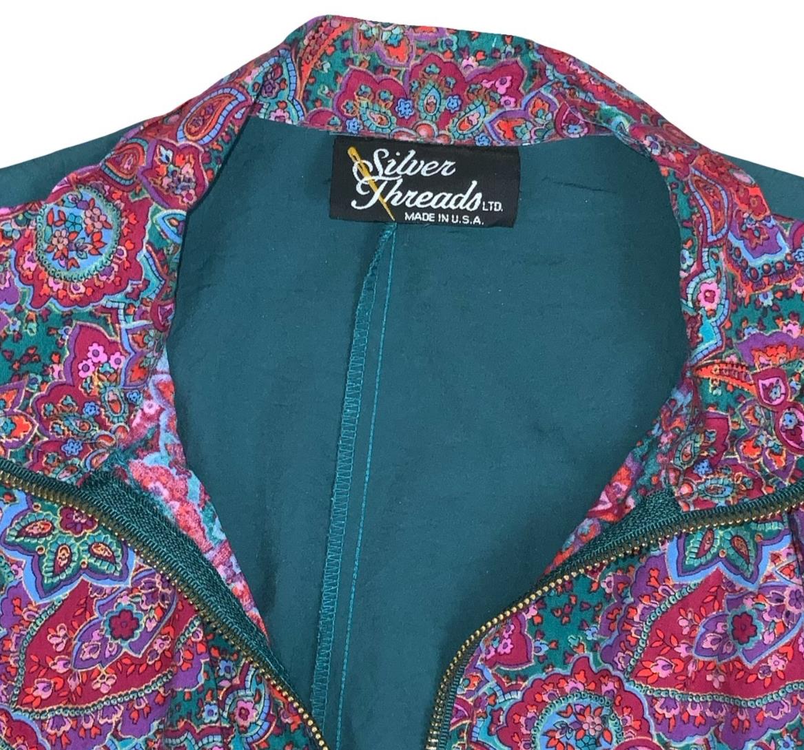VTG 80s 90s 'SILVER THREADS' TEAL GREEN PINK FLORAL WINDBREAKER JACKET LARGE
