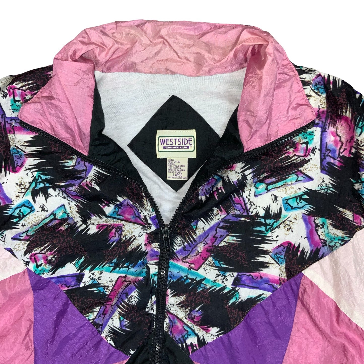 80s 'WESTSIDE CONNECTION' PINK BLACK GEOMETRIC ATHLETIC SHELL JACKET XL