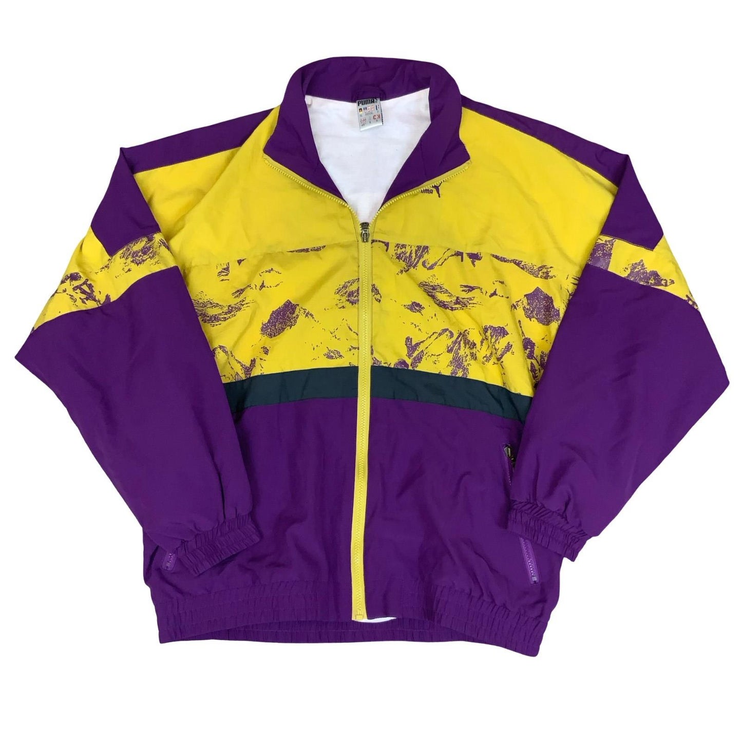 VTG 90s 'PUMA' PURPLE YELLOW FULL ZIP ABSTRACT PADDED SPORTSWEAR WINDBREAKER 2XL