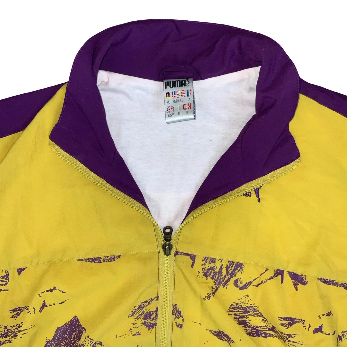 VTG 90s 'PUMA' PURPLE YELLOW FULL ZIP ABSTRACT PADDED SPORTSWEAR WINDBREAKER 2XL