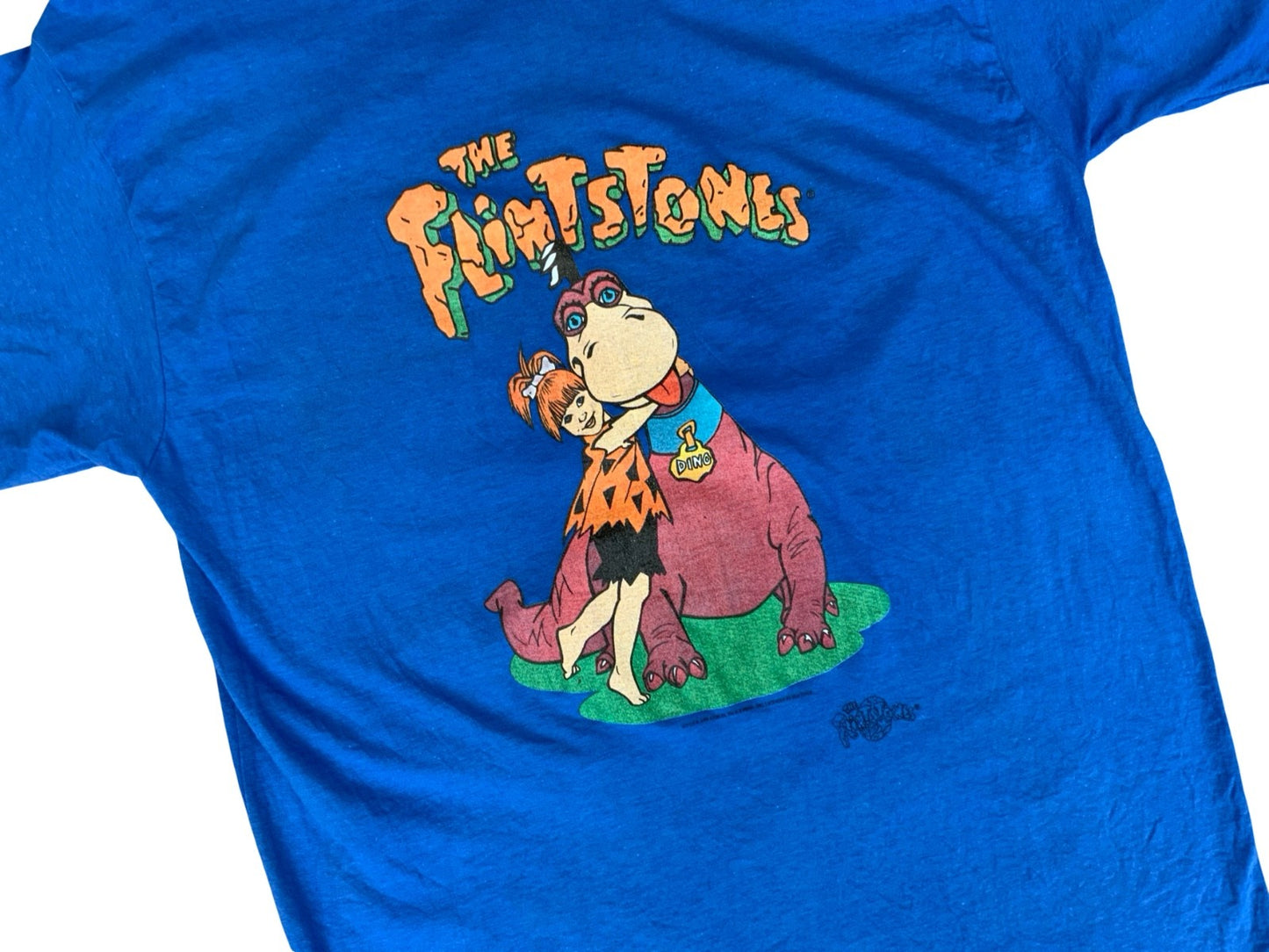 VTG 90s GENUINE THE FLINTSTONES CARTOON T SHIRT DINO & PEBBLES BLUE M