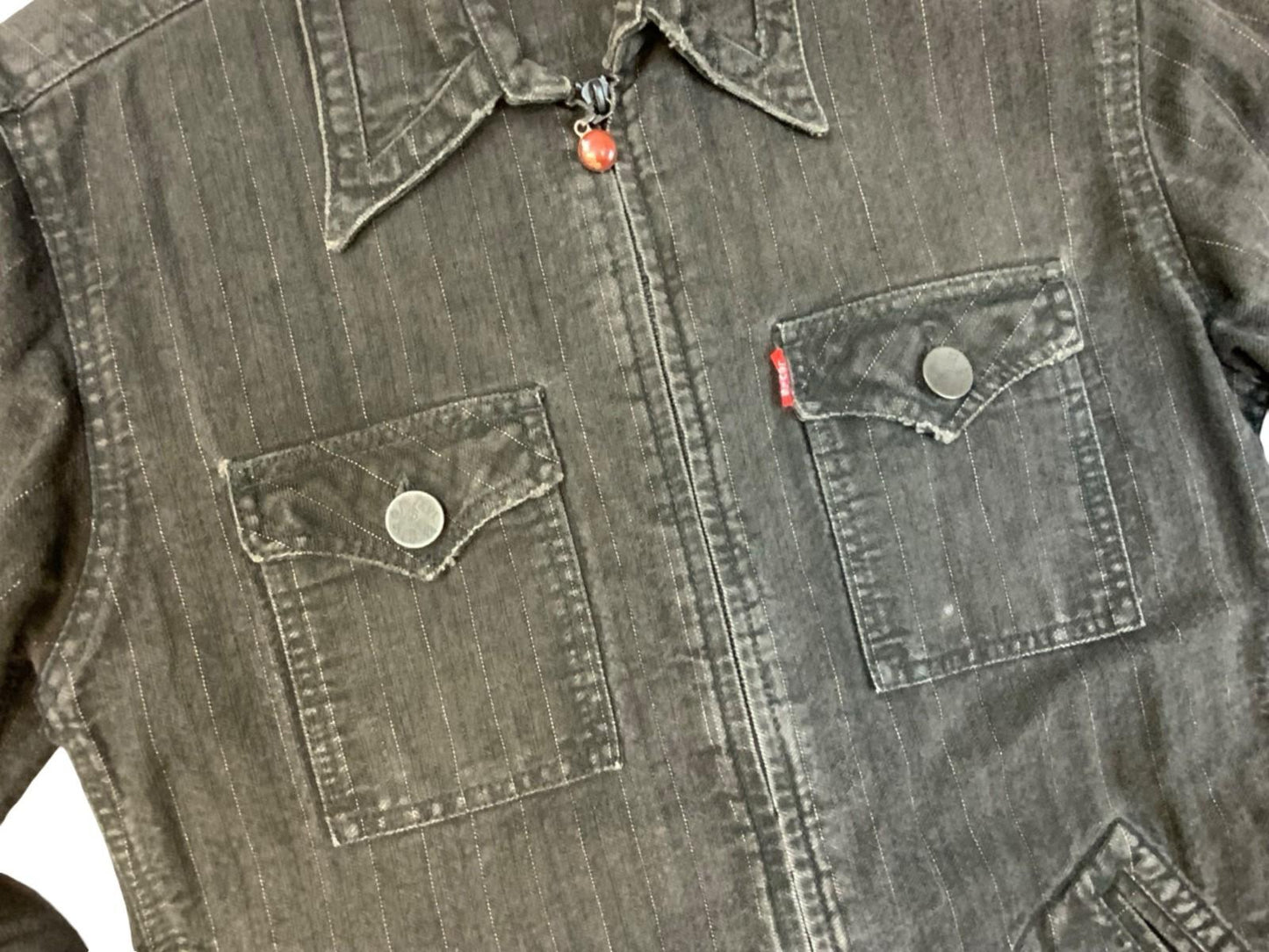VTG LEVIS MOVIN ON HERRINGBONE & PINSTRIPE DENIM JACKET FADED BLACK XS