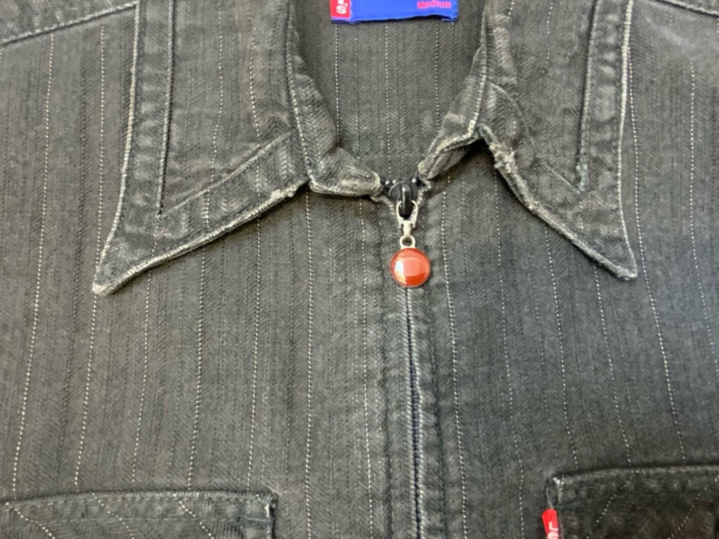 VTG LEVIS MOVIN ON HERRINGBONE & PINSTRIPE DENIM JACKET FADED BLACK XS