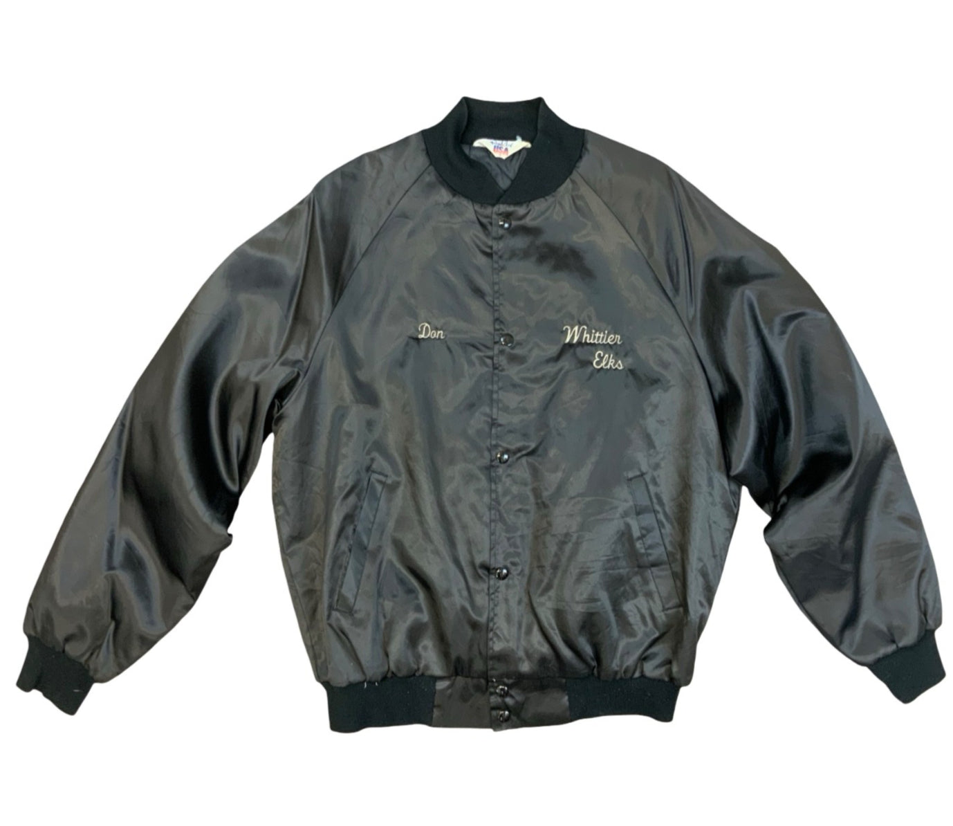 VTG USA 80s WHITIER ELKS CLUB LODGE CA SILKY COACH VARSITY JACKET FRAT MASONS L