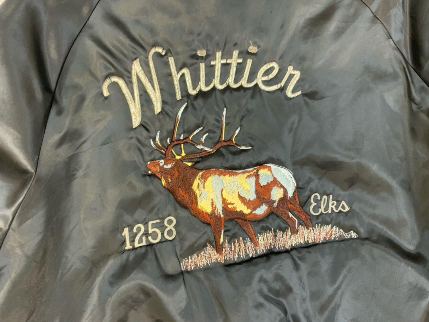 VTG USA 80s WHITIER ELKS CLUB LODGE CA SILKY COACH VARSITY JACKET FRAT MASONS L