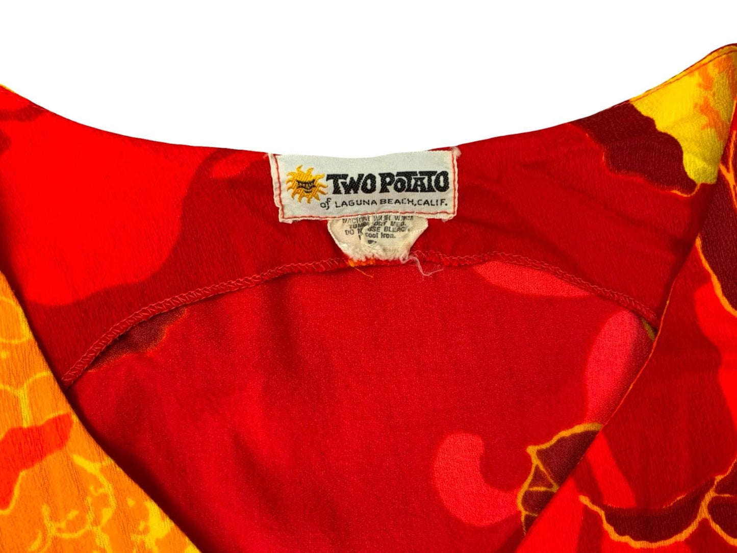 VTG 70s USA HAWAIIAN RAYON TWO POTATO LAGUNA BEACH CA FLORAL TIE BLOUSE UK 8/10