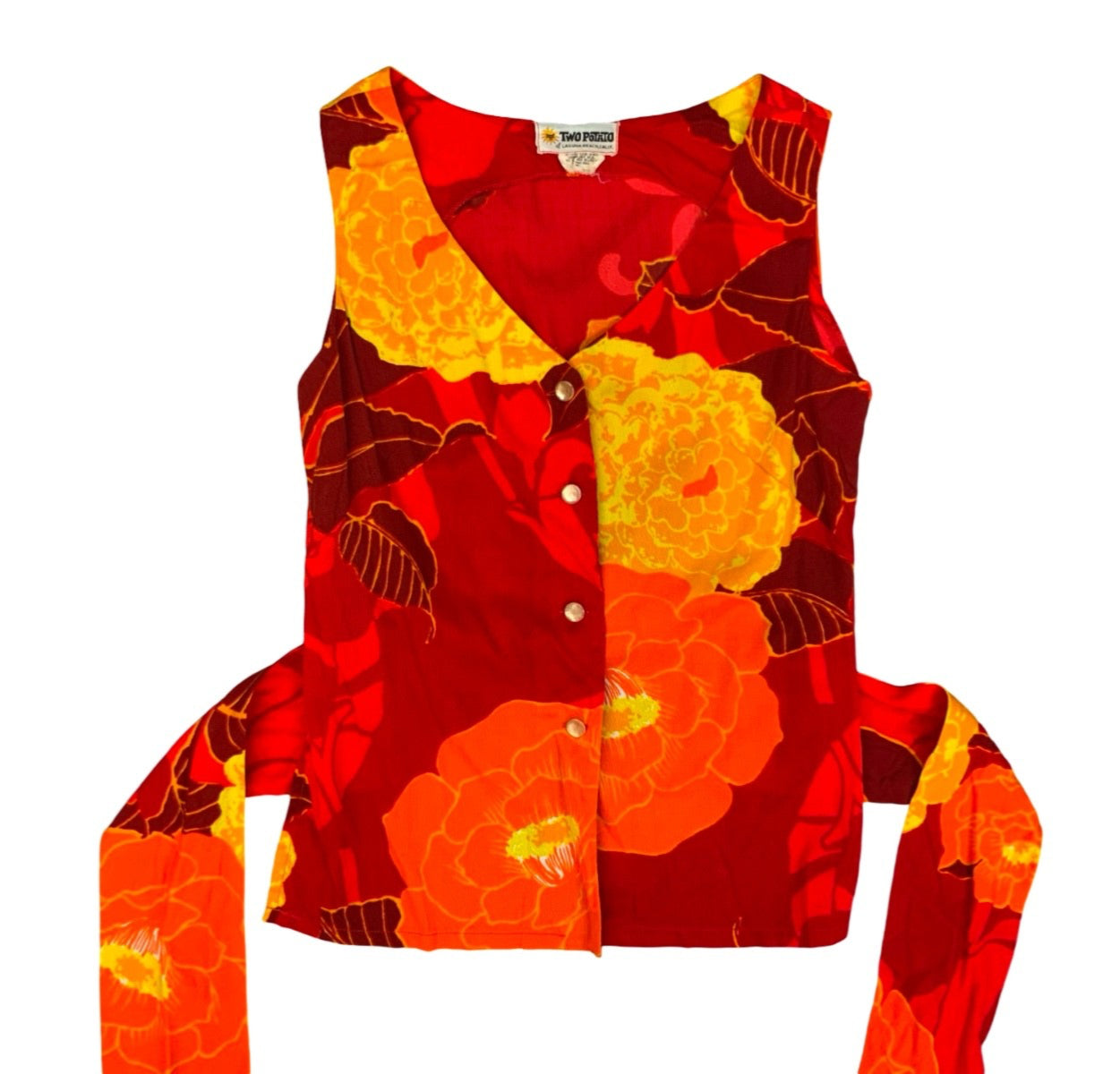 VTG 70s USA HAWAIIAN RAYON TWO POTATO LAGUNA BEACH CA FLORAL TIE BLOUSE UK 8/10