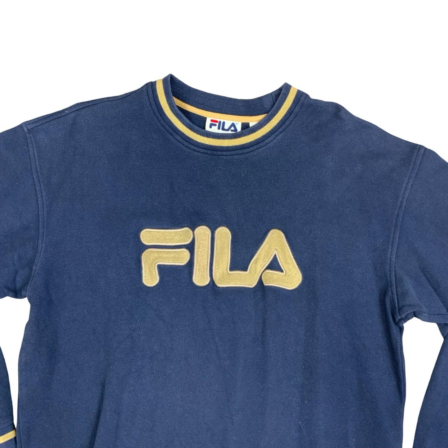 Y2K Fila Retro Navy Embroidered Spell-Out Crewneck Sweater Jumper Large