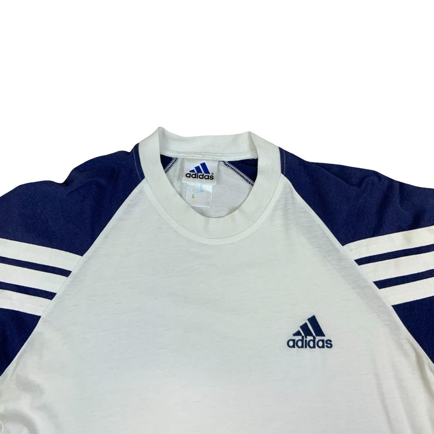 Vintage 1990s Adidas White Green Blue Colour Block Football Template T-Shirt M