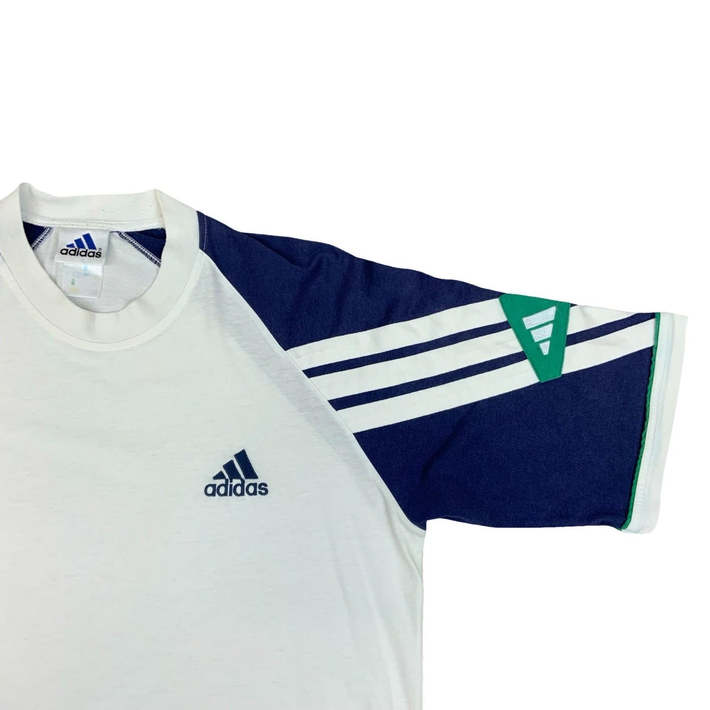 Vintage 1990s Adidas White Green Blue Colour Block Football Template T-Shirt M