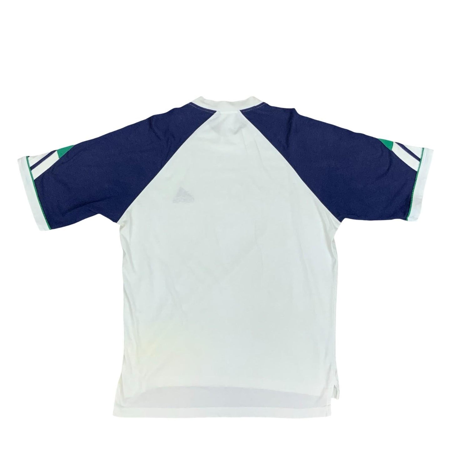 Vintage 1990s Adidas White Green Blue Colour Block Football Template T-Shirt M