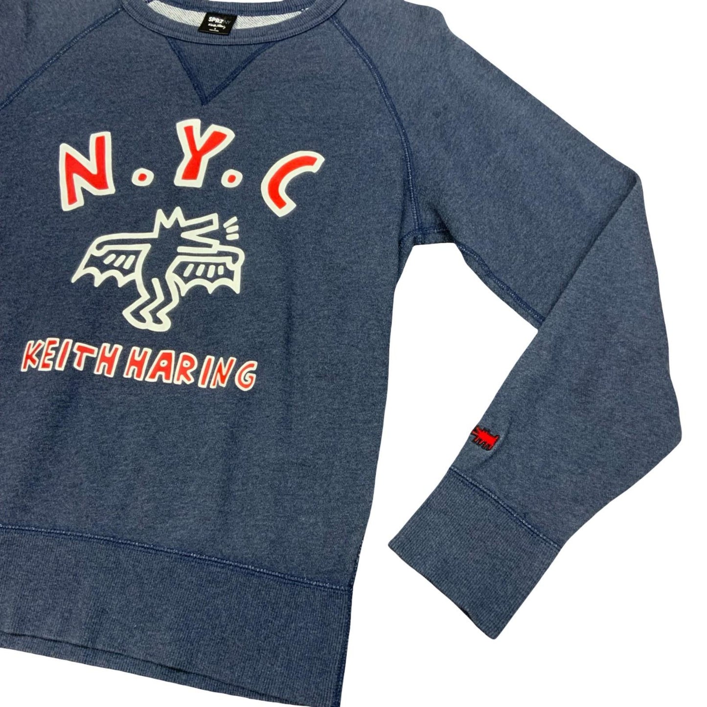 Keith Haring N.Y.C Printed Graphic Art Denim Blue Sweatshirt Spellout Logo Small
