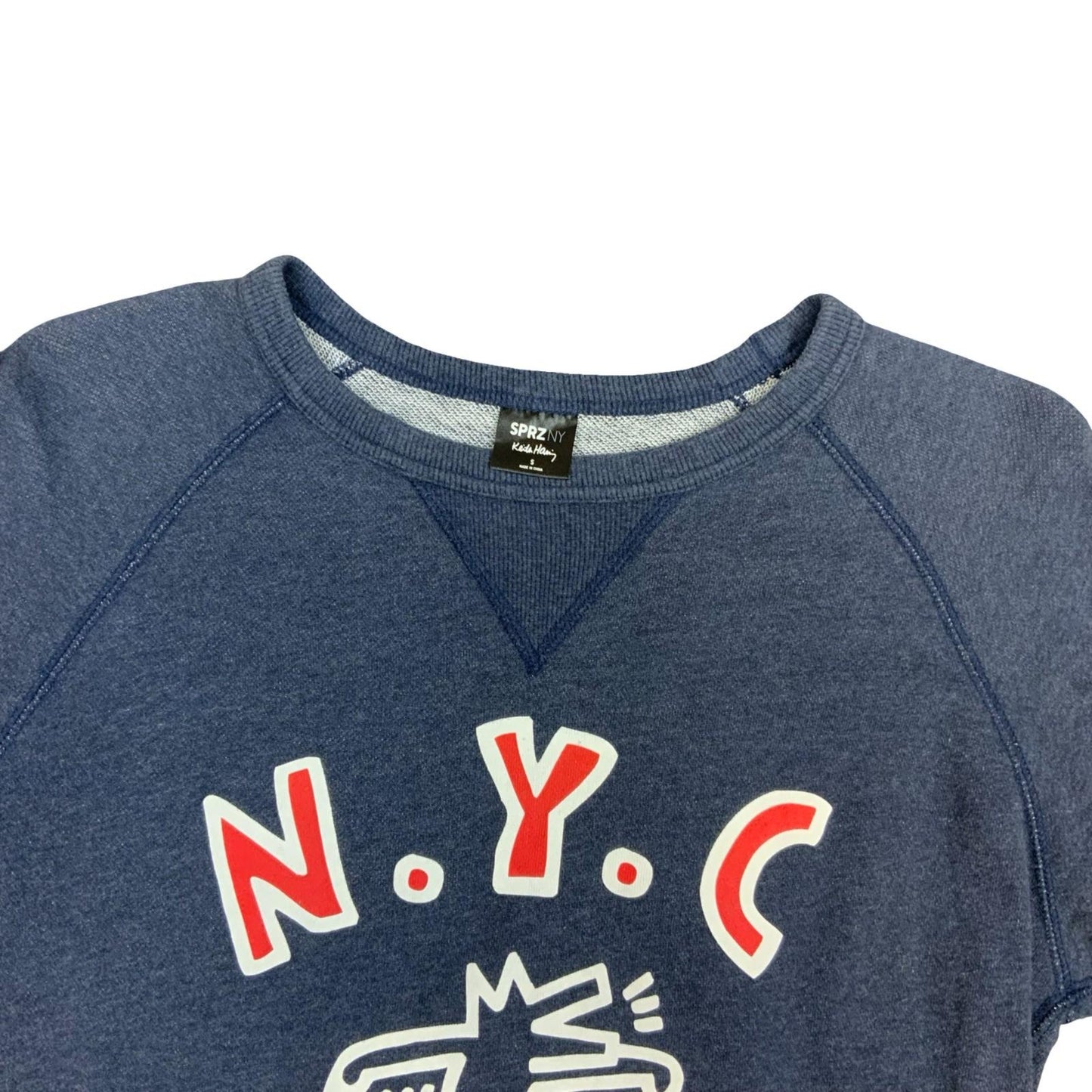 Keith Haring N.Y.C Printed Graphic Art Denim Blue Sweatshirt Spellout Logo Small