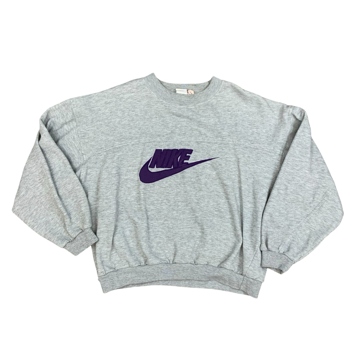 Vintage 1990s Nike Grey Sweater Crewneck Jumper Embroidered Spell-Out Logo Large