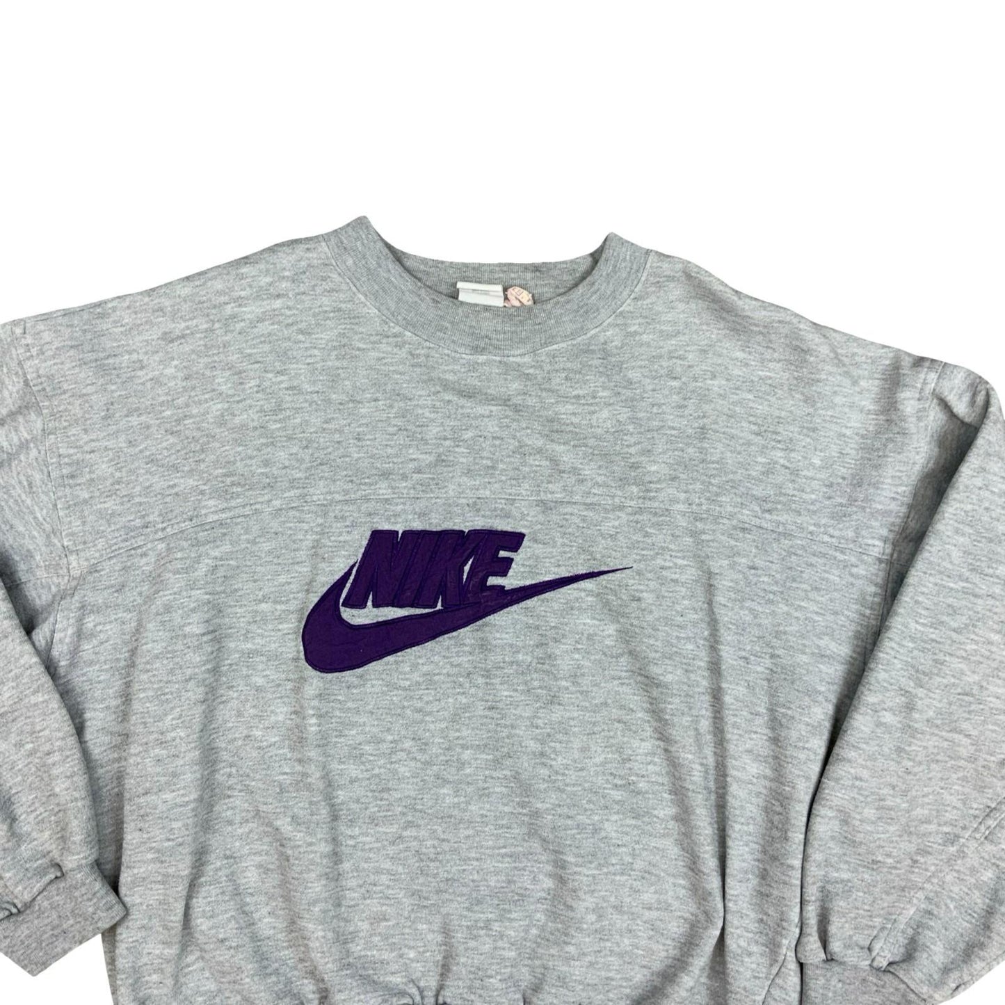 Vintage 1990s Nike Grey Sweater Crewneck Jumper Embroidered Spell-Out Logo Large