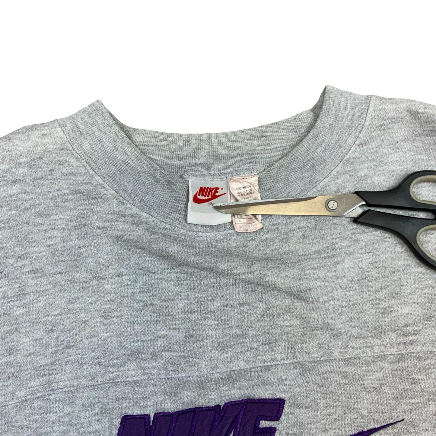 Vintage 1990s Nike Grey Sweater Crewneck Jumper Embroidered Spell-Out Logo Large