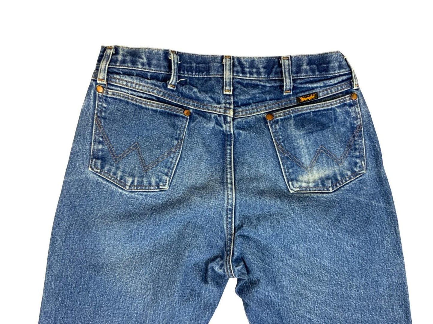 VTG 1980s WRANGLER HEAVY DENIM MID STONEWASH DENIM JEANS NICE FADES 34W 32L