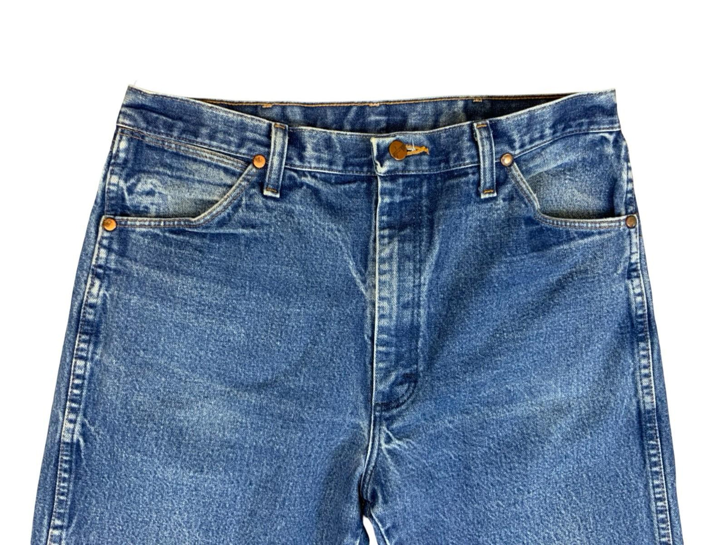 VTG 1980s WRANGLER HEAVY DENIM MID STONEWASH DENIM JEANS NICE FADES 34W 32L