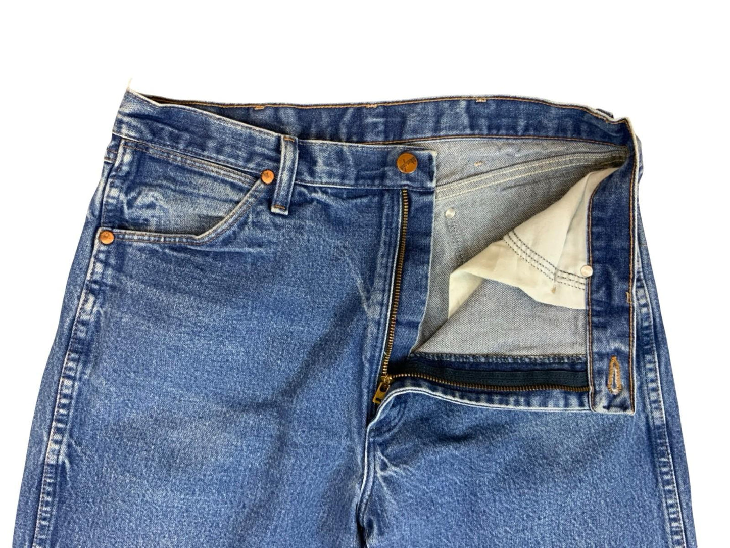 VTG 1980s WRANGLER HEAVY DENIM MID STONEWASH DENIM JEANS NICE FADES 34W 32L