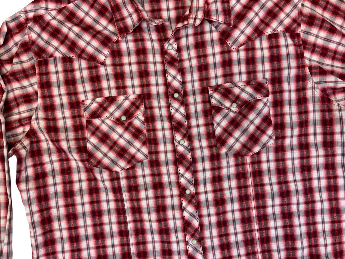 VTG 90s WRANGLER RED SHADOW PLAID OVERSIZE STITCH PEARL SNAP WESTERN SHIRT XXL