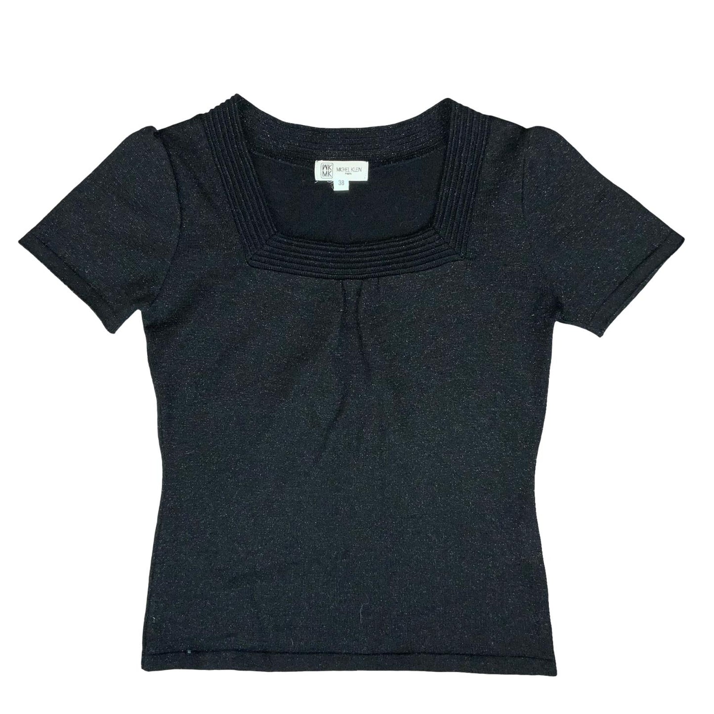 VTG 90s 'MICHEL KLEIN' BLACK SPARKLE DISCO KNITTED SQUARE NECK BLOUSE UK 8/10
