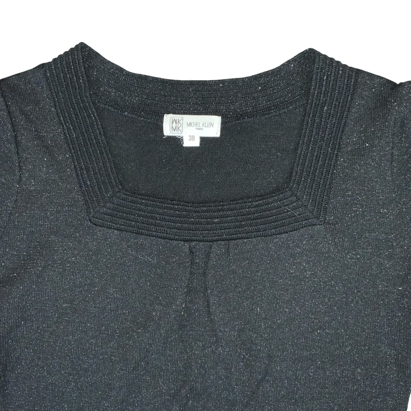VTG 90s 'MICHEL KLEIN' BLACK SPARKLE DISCO KNITTED SQUARE NECK BLOUSE UK 8/10