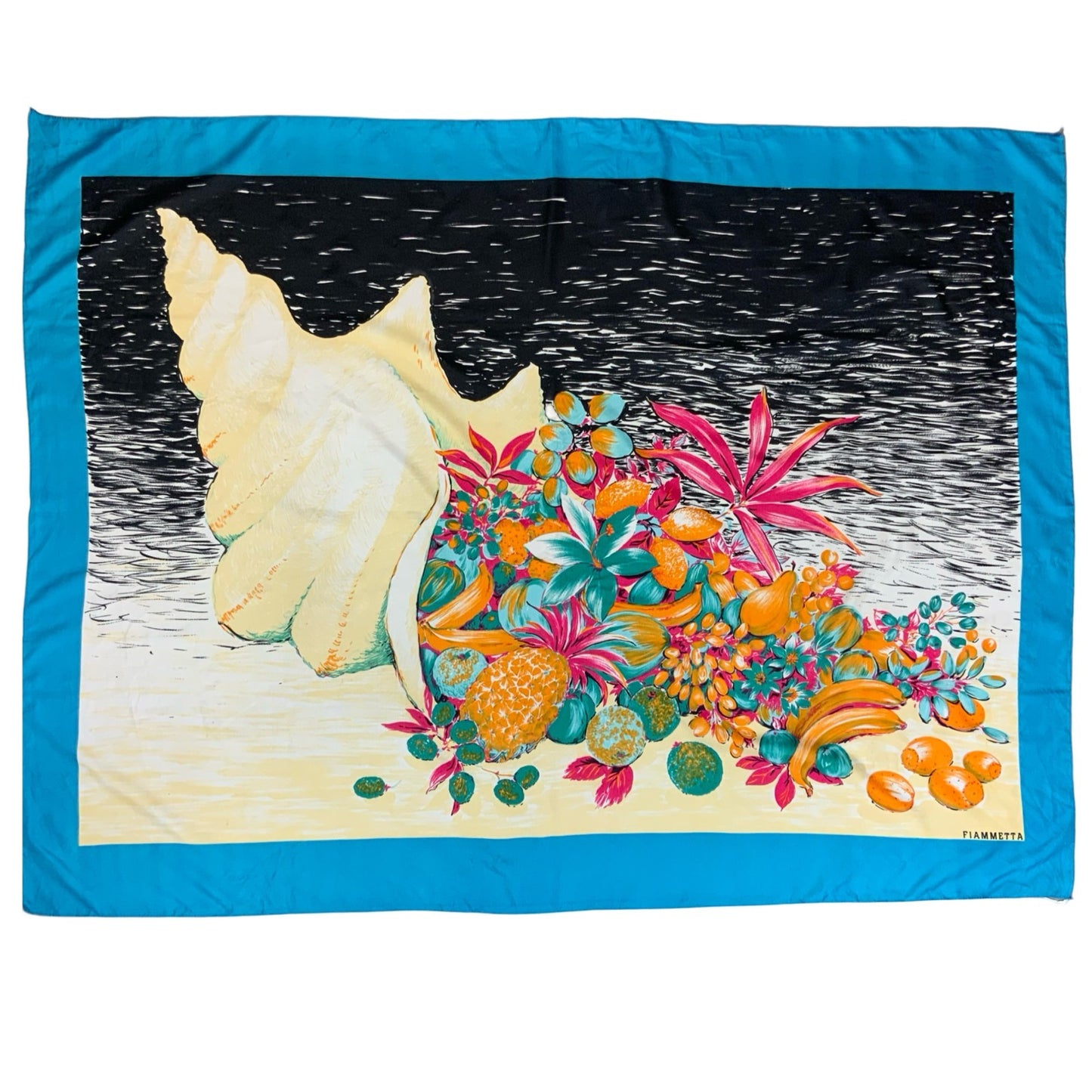 VTG 90s FIAMMETTA BLUE SEASHELL FLORAL GRAPHIC BEACH COVER-UP LARGE SCARF SHAWL