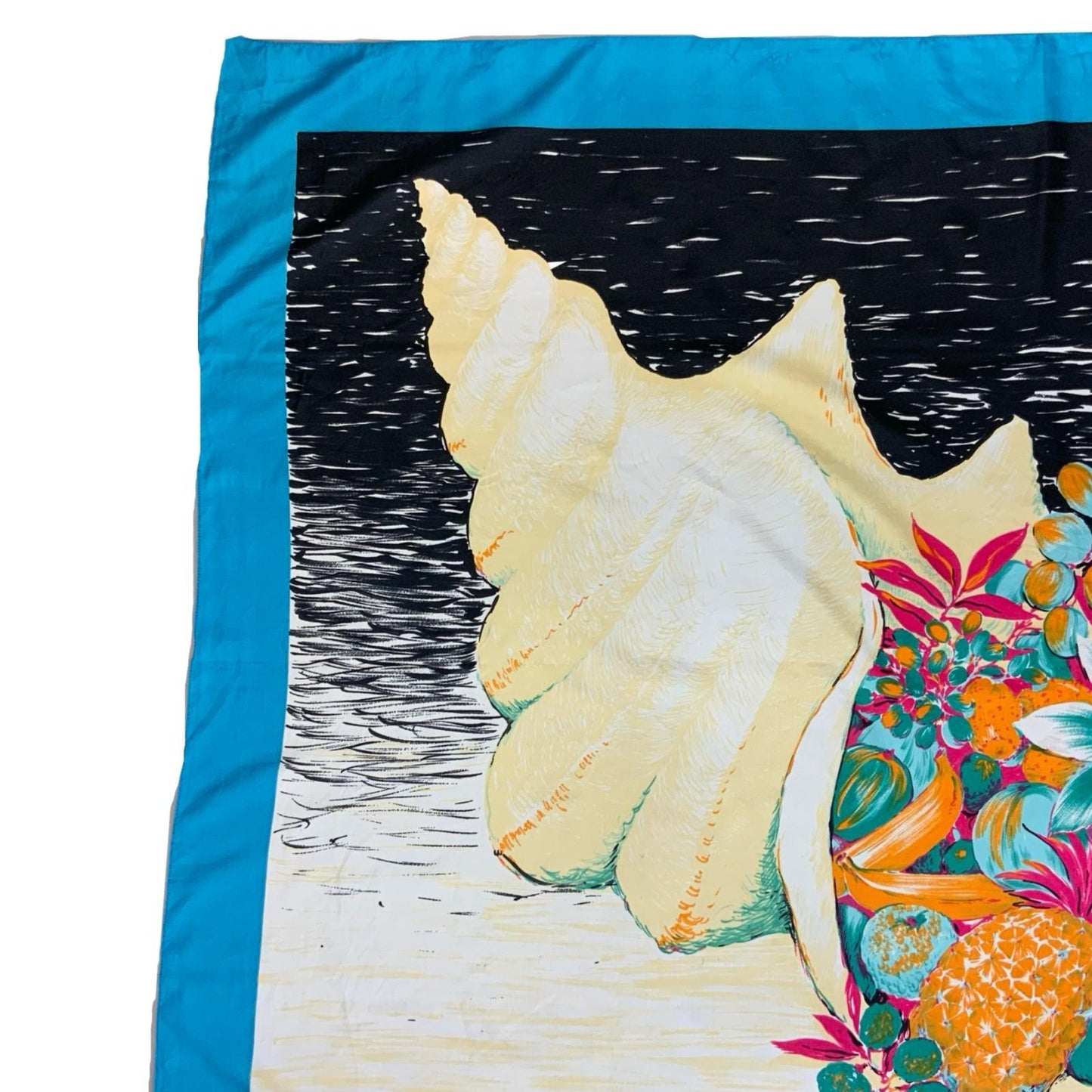 VTG 90s FIAMMETTA BLUE SEASHELL FLORAL GRAPHIC BEACH COVER-UP LARGE SCARF SHAWL