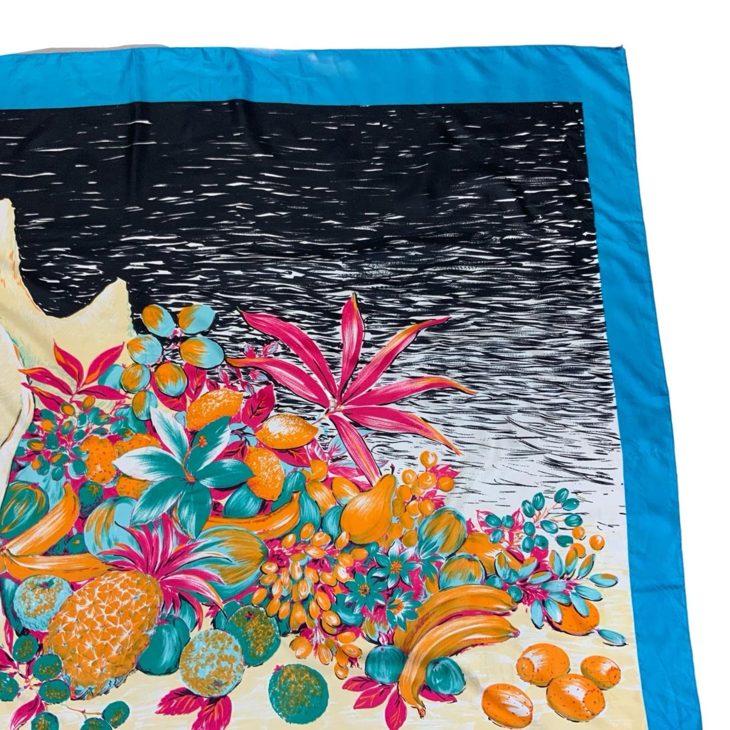 VTG 90s FIAMMETTA BLUE SEASHELL FLORAL GRAPHIC BEACH COVER-UP LARGE SCARF SHAWL