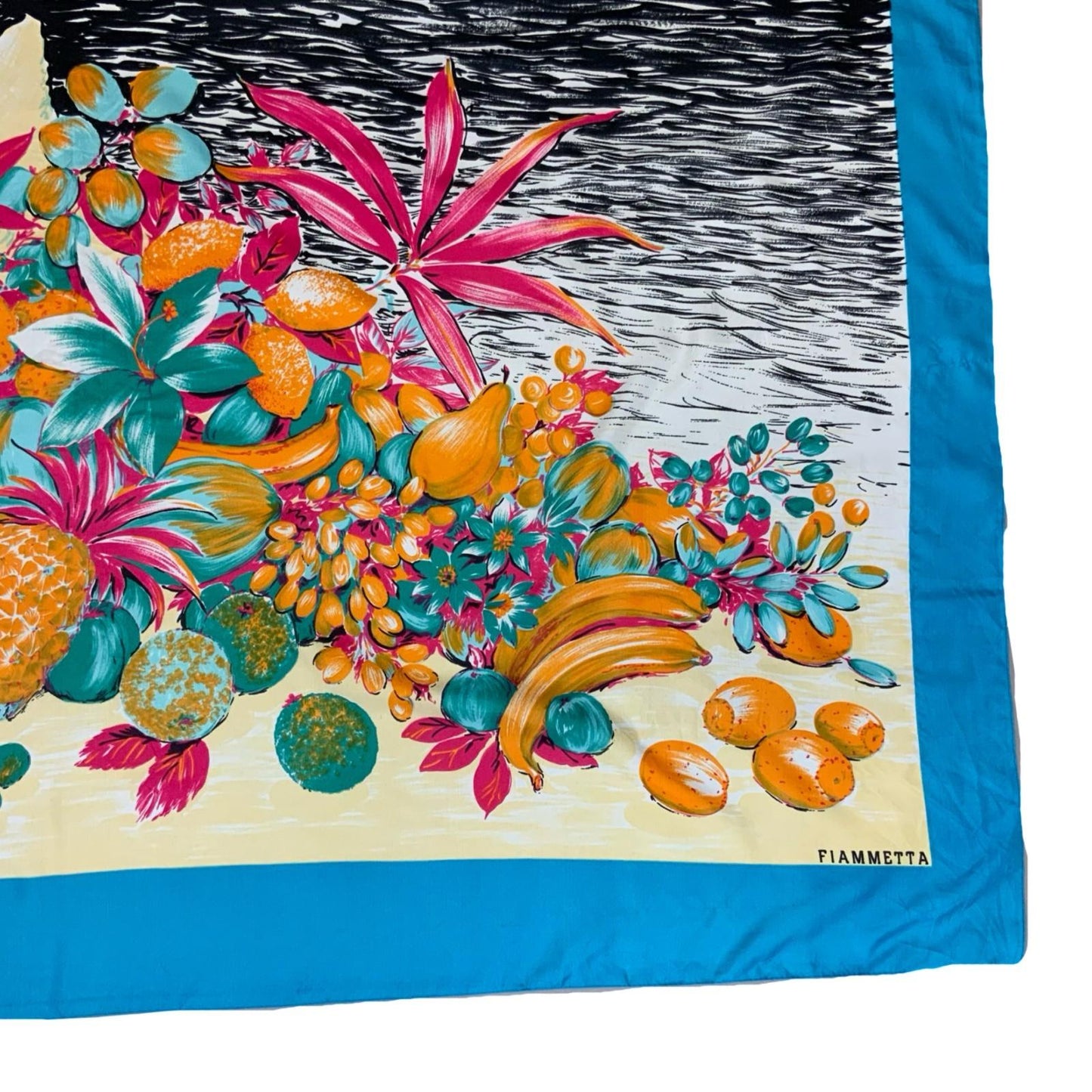 VTG 90s FIAMMETTA BLUE SEASHELL FLORAL GRAPHIC BEACH COVER-UP LARGE SCARF SHAWL