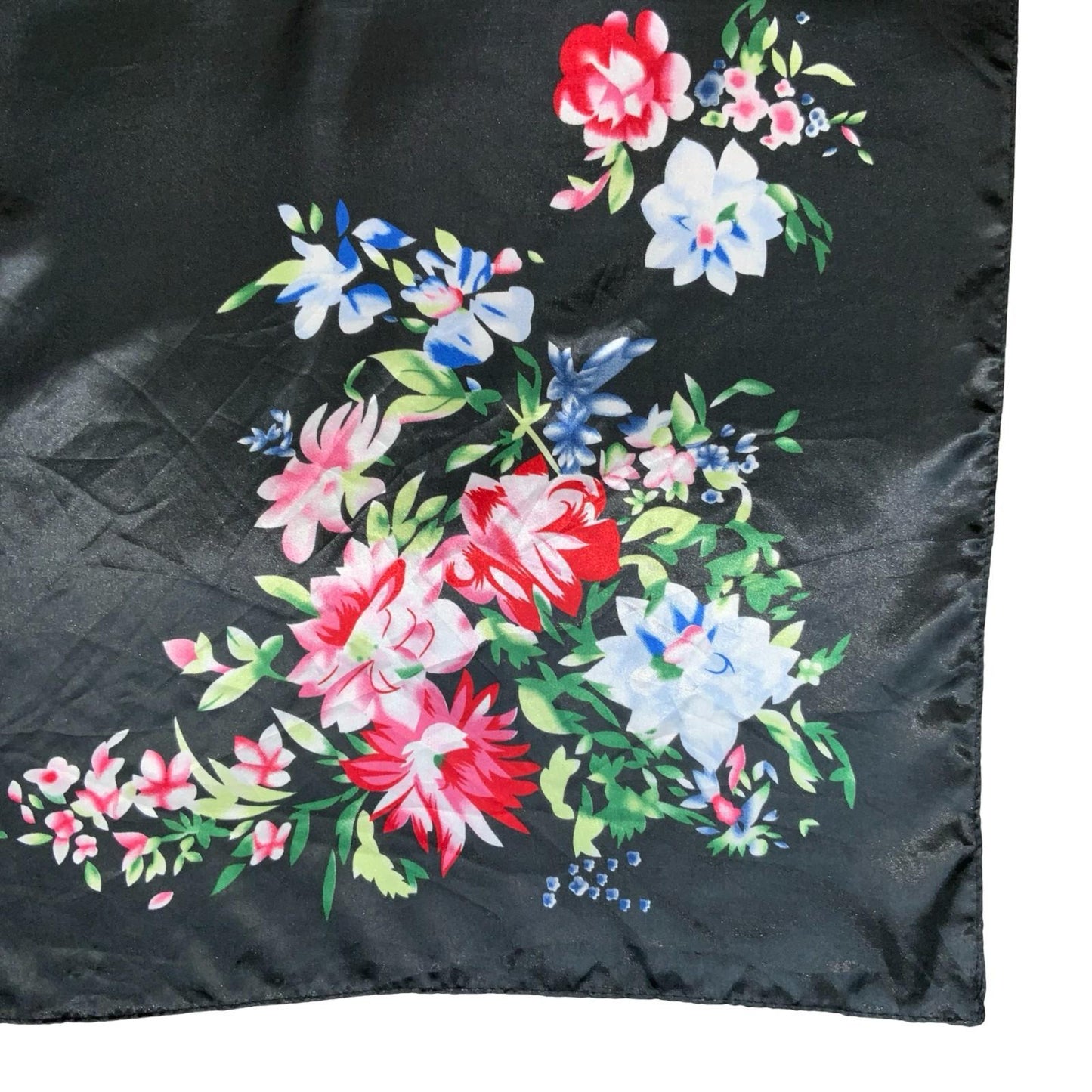 VTG 90s BLACK RED BLUE FLORAL PATTERNED HAND-STITCHED HAND-ROLLED SILK SCARF
