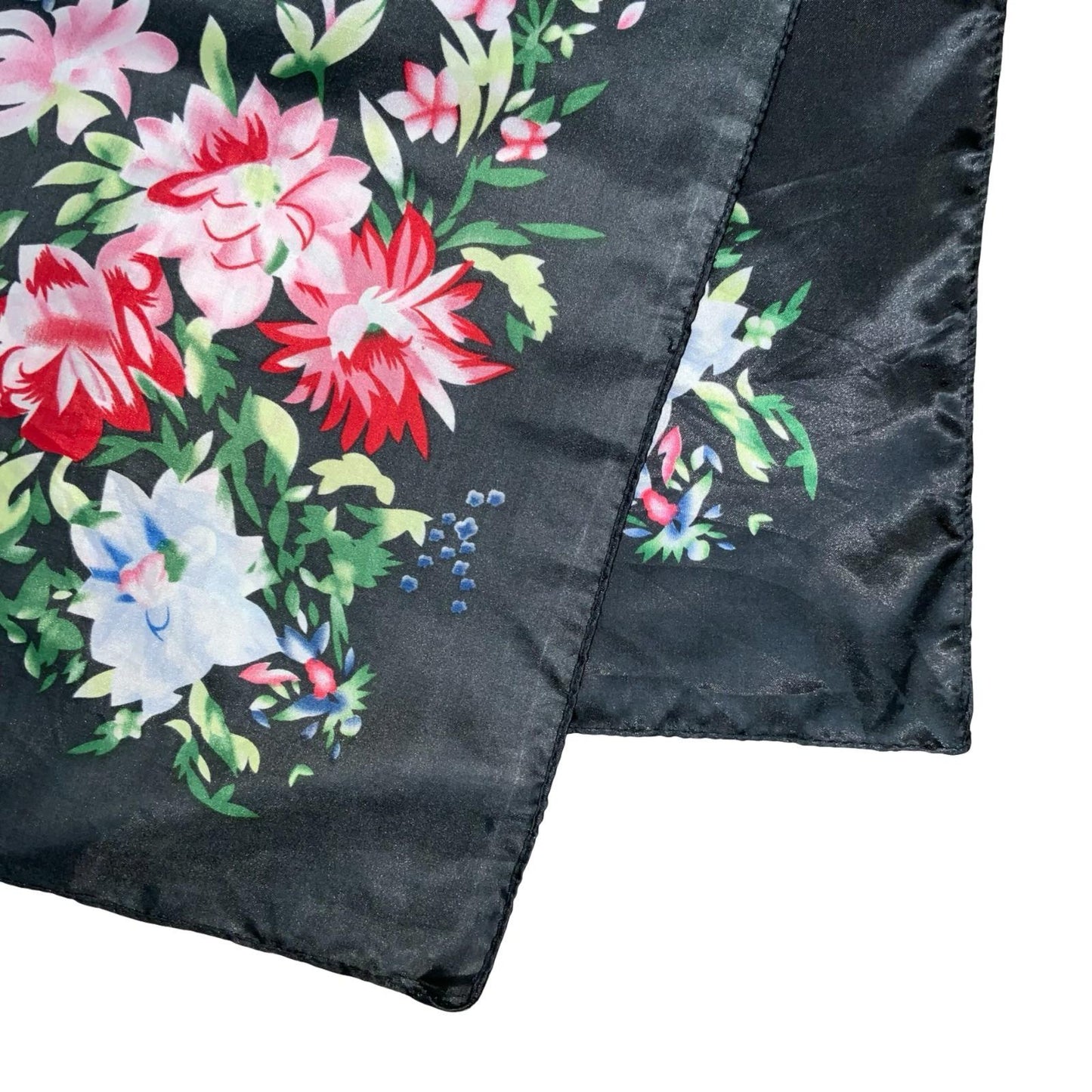 VTG 90s BLACK RED BLUE FLORAL PATTERNED HAND-STITCHED HAND-ROLLED SILK SCARF