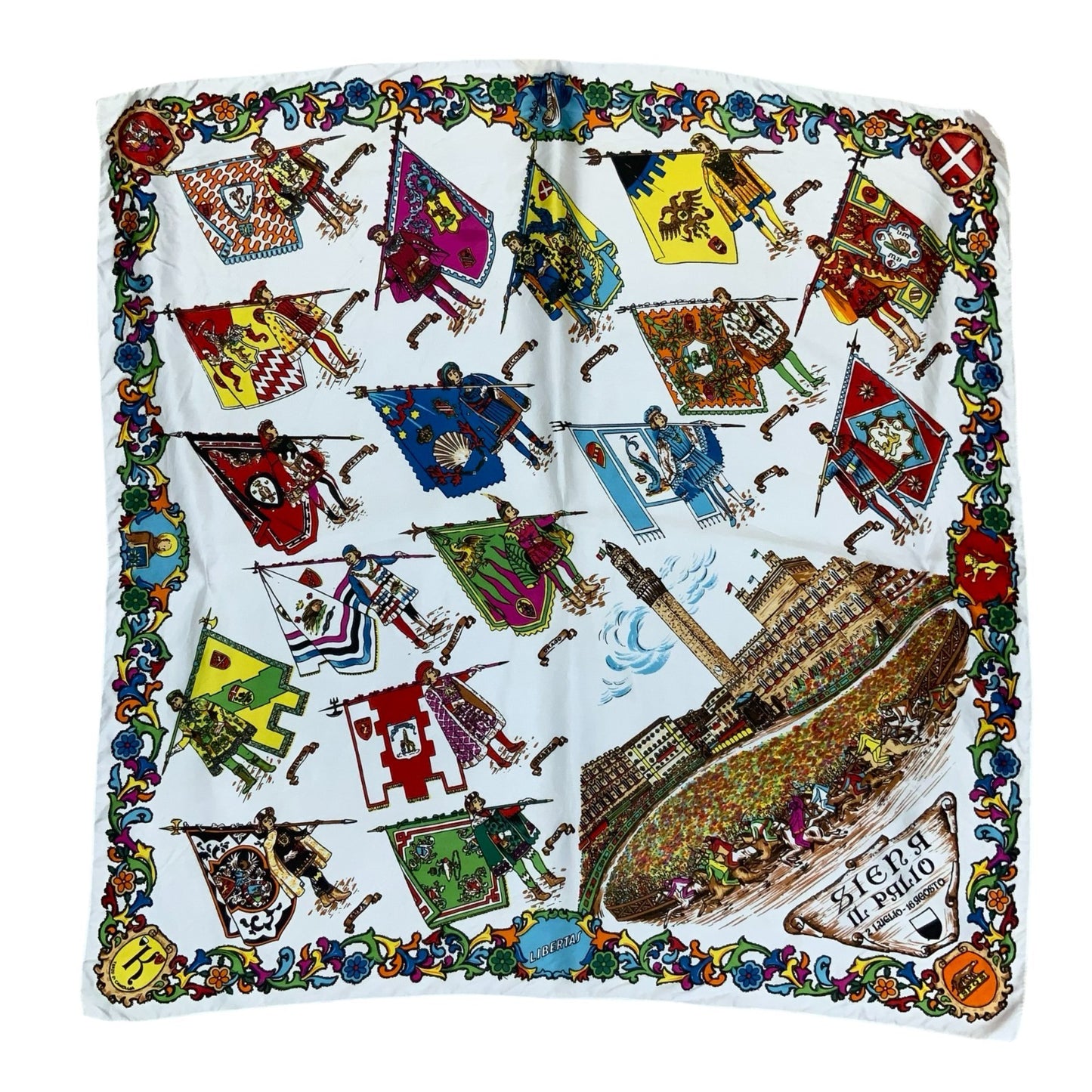 VTG WHITE MULTI-COLOURED SIENA ITALY PALIO DI SIENA HORSE RACE SOUVENIR SCARF