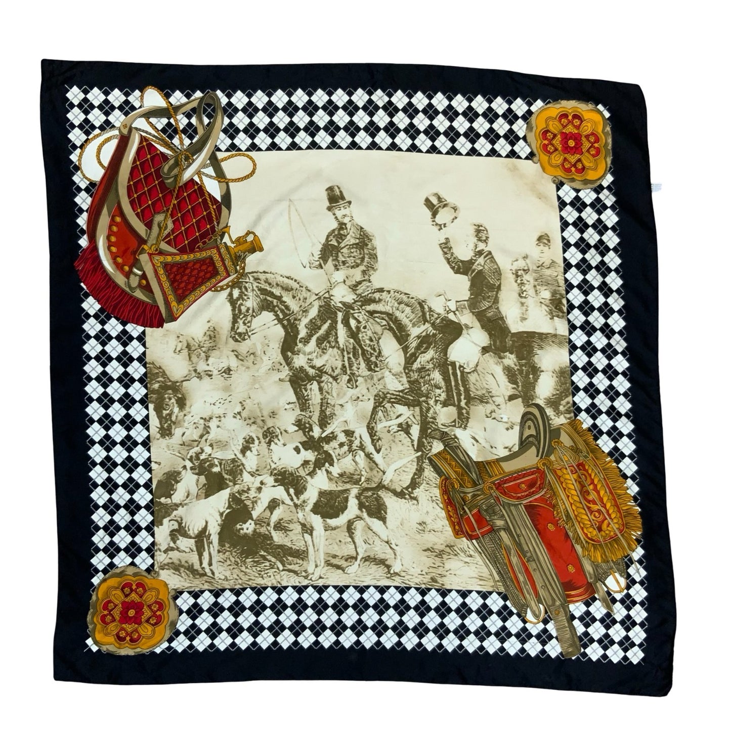 VTG BLACK & WHITE HORSE HUNT TRADITIONAL ARGYLE SADDLE-BACK SQUARE SCARF