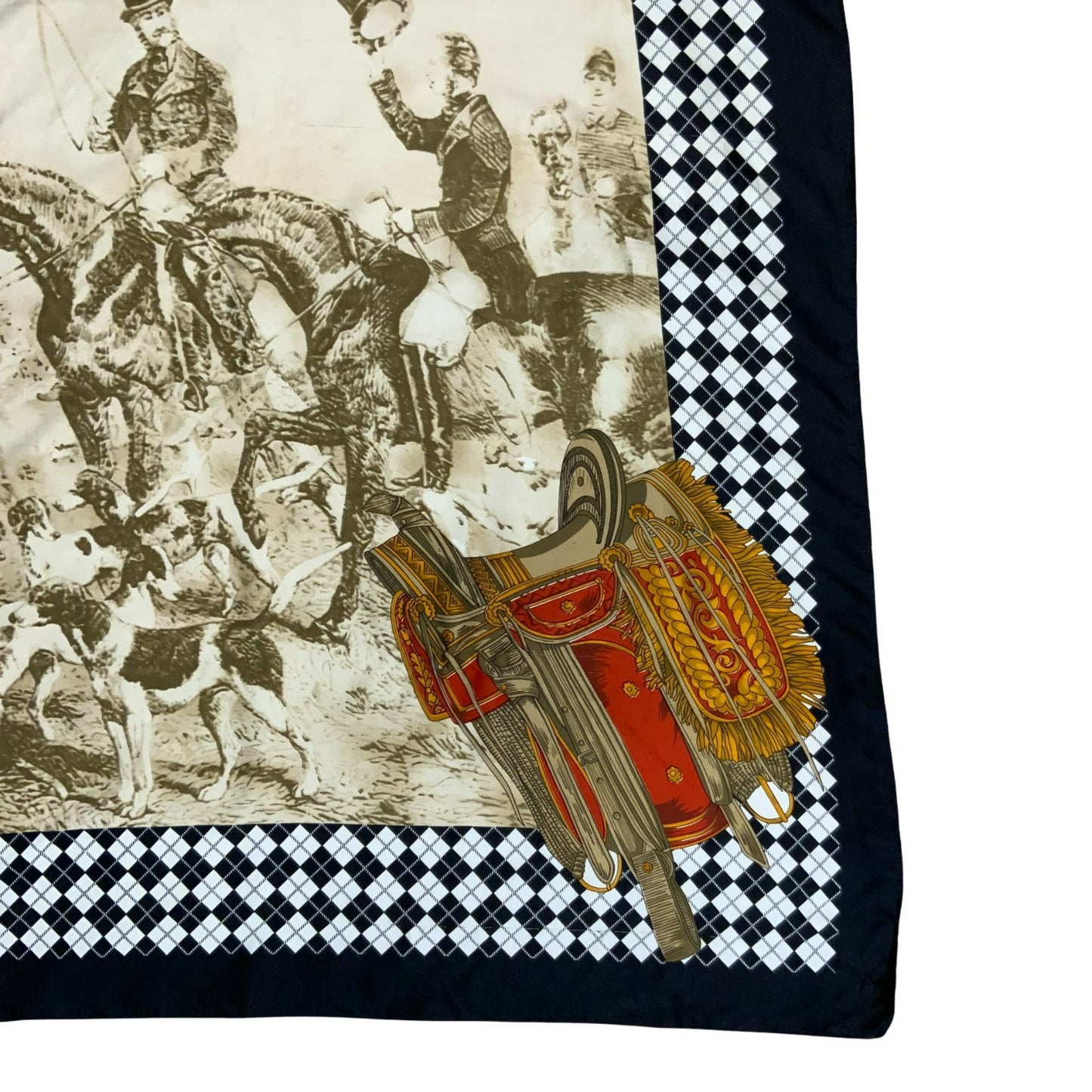 VTG BLACK & WHITE HORSE HUNT TRADITIONAL ARGYLE SADDLE-BACK SQUARE SCARF