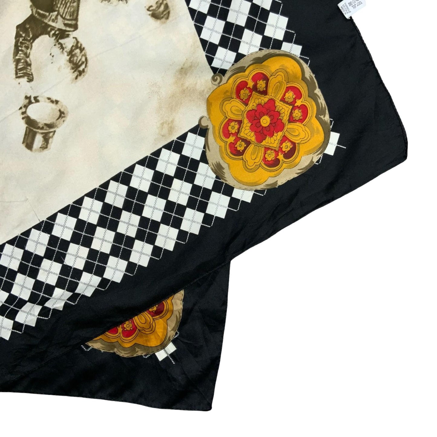 VTG BLACK & WHITE HORSE HUNT TRADITIONAL ARGYLE SADDLE-BACK SQUARE SCARF