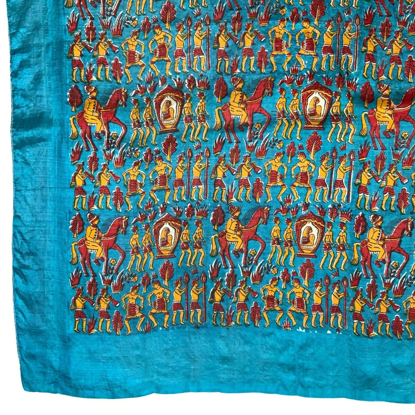 VIBRANT TRADITIONAL INDIAN WARRIOR RELIGIOUS TEAL GOLD SILK SQUARE SCARF