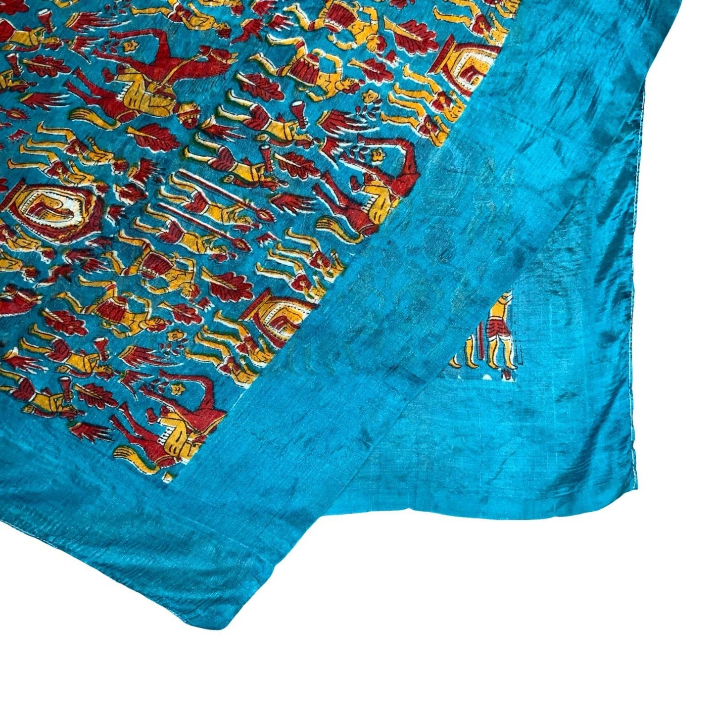 VIBRANT TRADITIONAL INDIAN WARRIOR RELIGIOUS TEAL GOLD SILK SQUARE SCARF