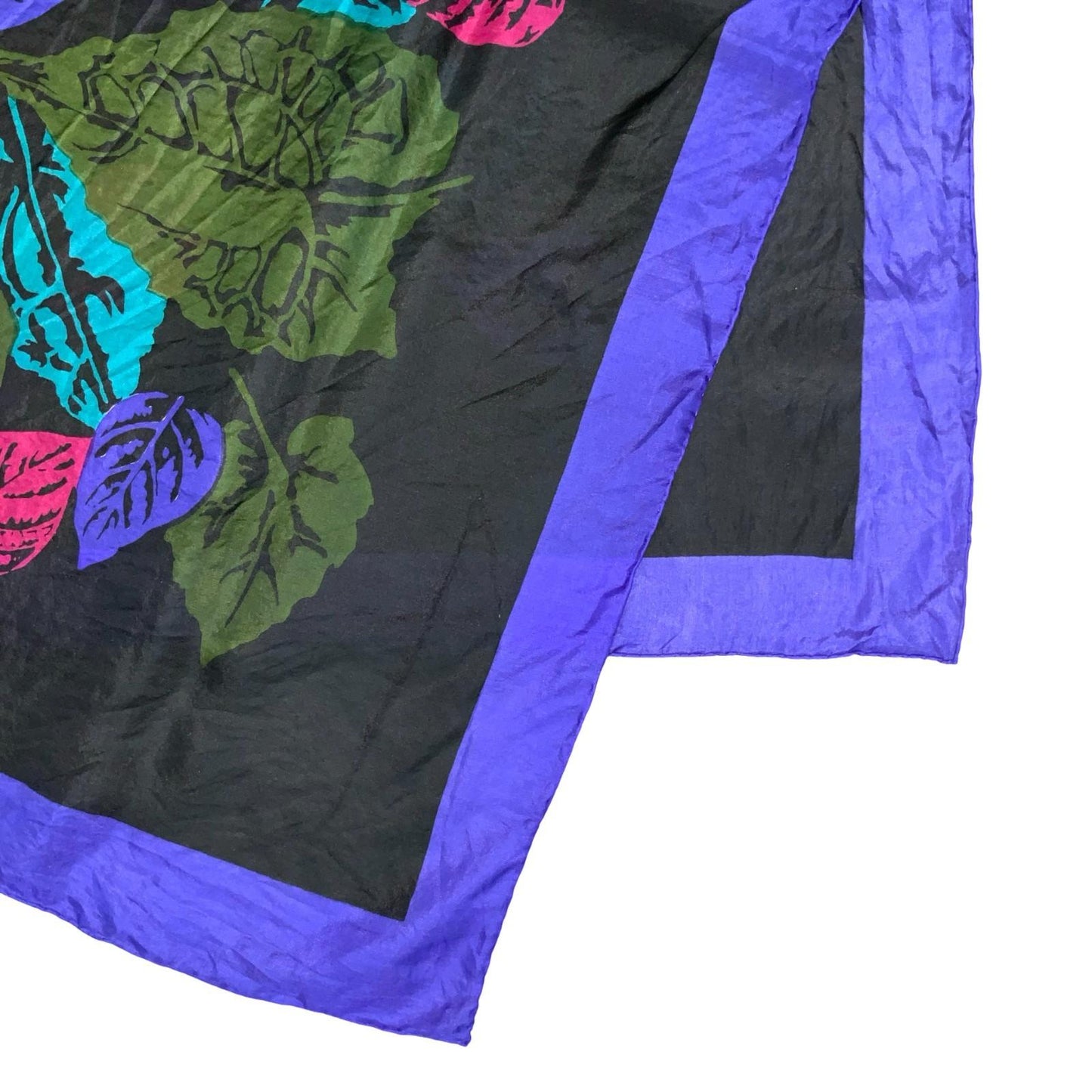 VTG BLACK PURPLE GREENN PINK BOTANICAL COLOURFUL GRAPHIC LEAF SQUARE SCARF