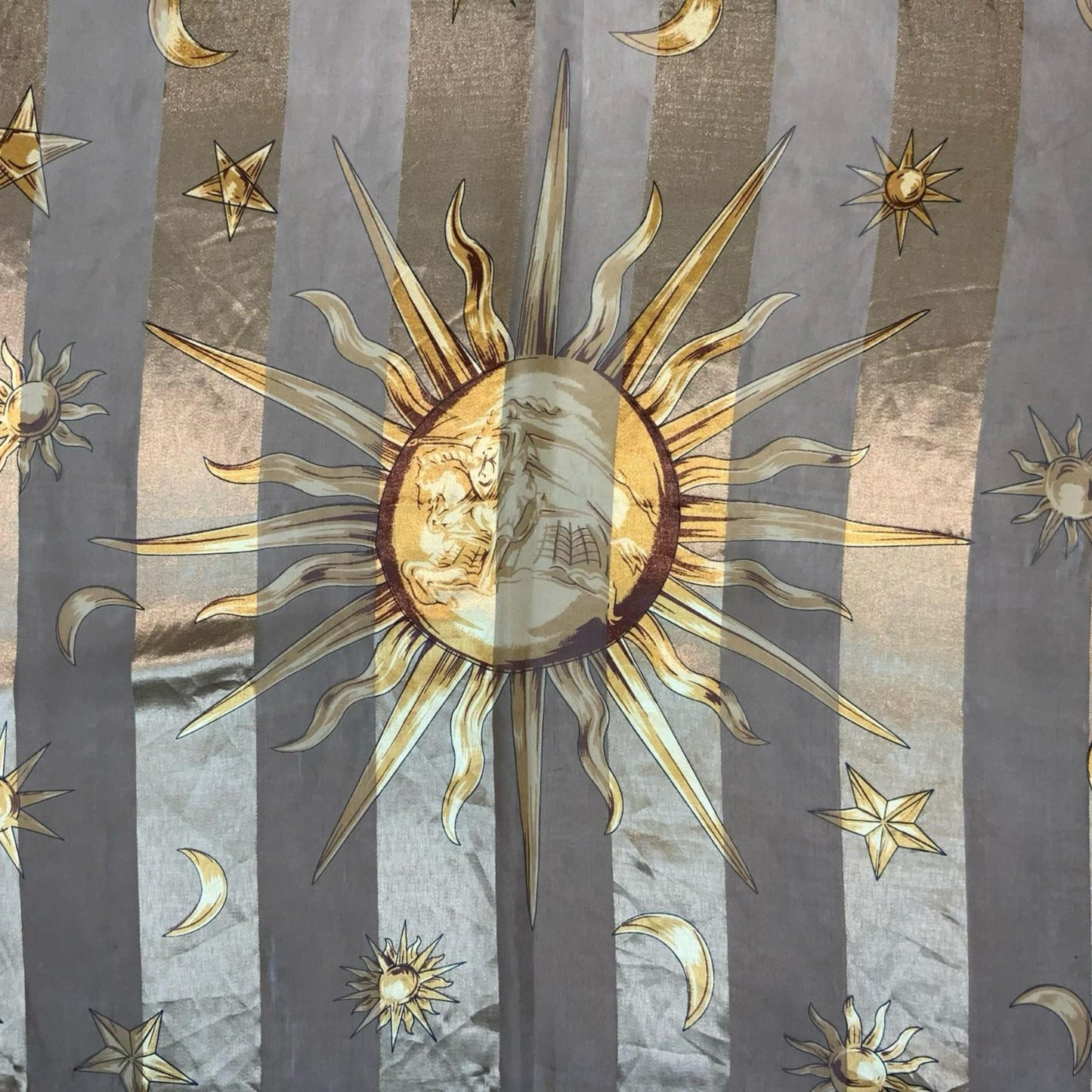 VTG y2k BROWN GOLD SUN MOON CELESTIAL STRIPED TARTAN HIPPIE SQUARE SCARF