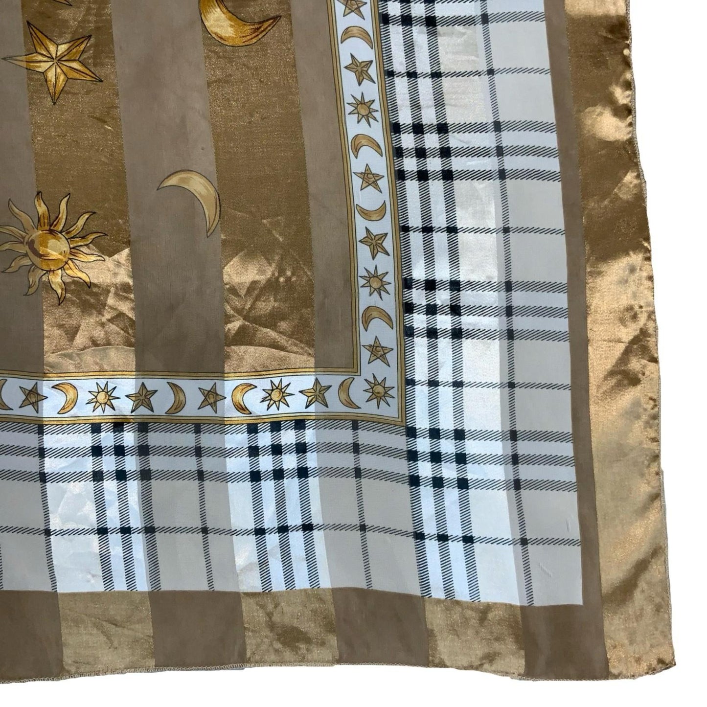 VTG y2k BROWN GOLD SUN MOON CELESTIAL STRIPED TARTAN HIPPIE SQUARE SCARF