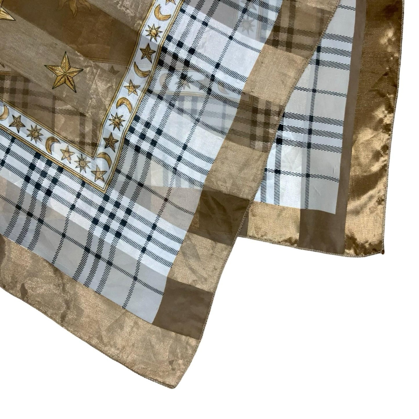 VTG y2k BROWN GOLD SUN MOON CELESTIAL STRIPED TARTAN HIPPIE SQUARE SCARF