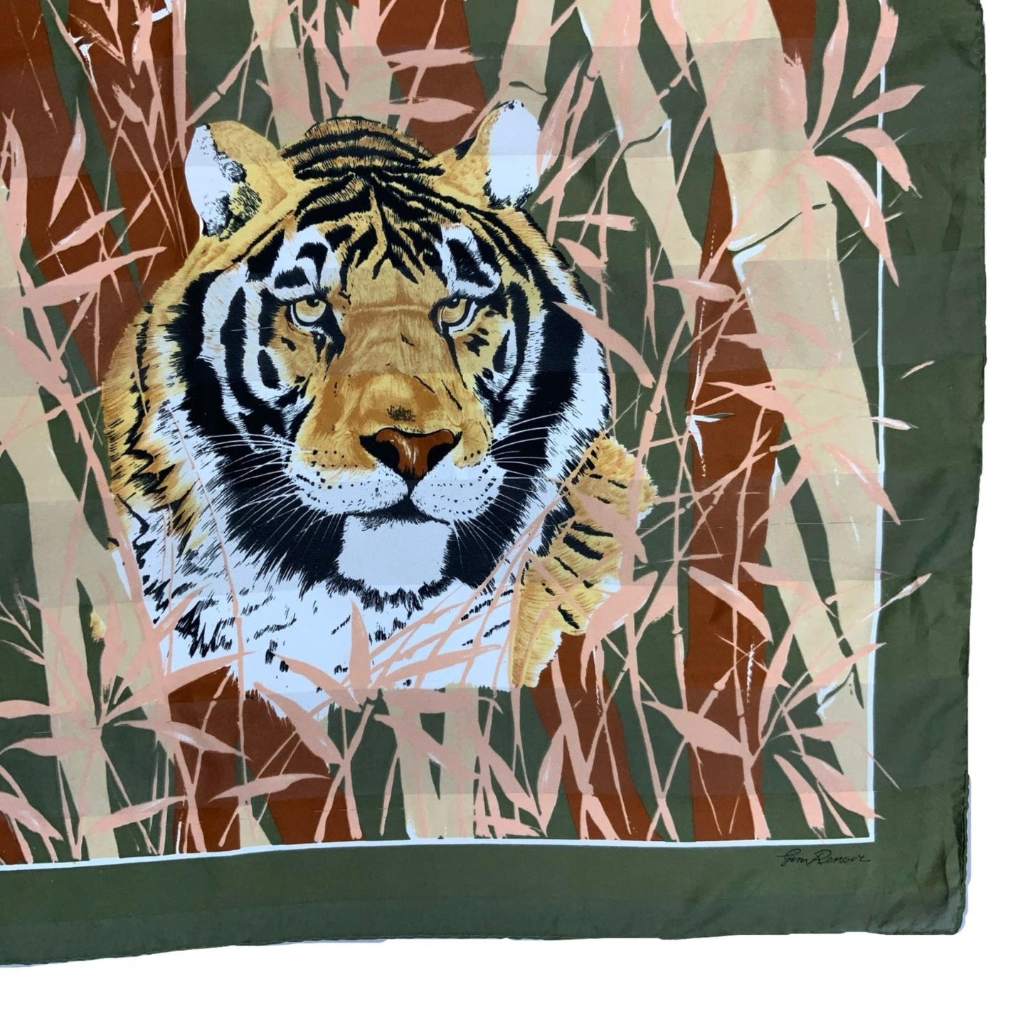 VTG 1980s 'GIM RENOIR' AMAZING GREEN BROWN BEIGE TIGER FACE SILK SQUARE SCARF