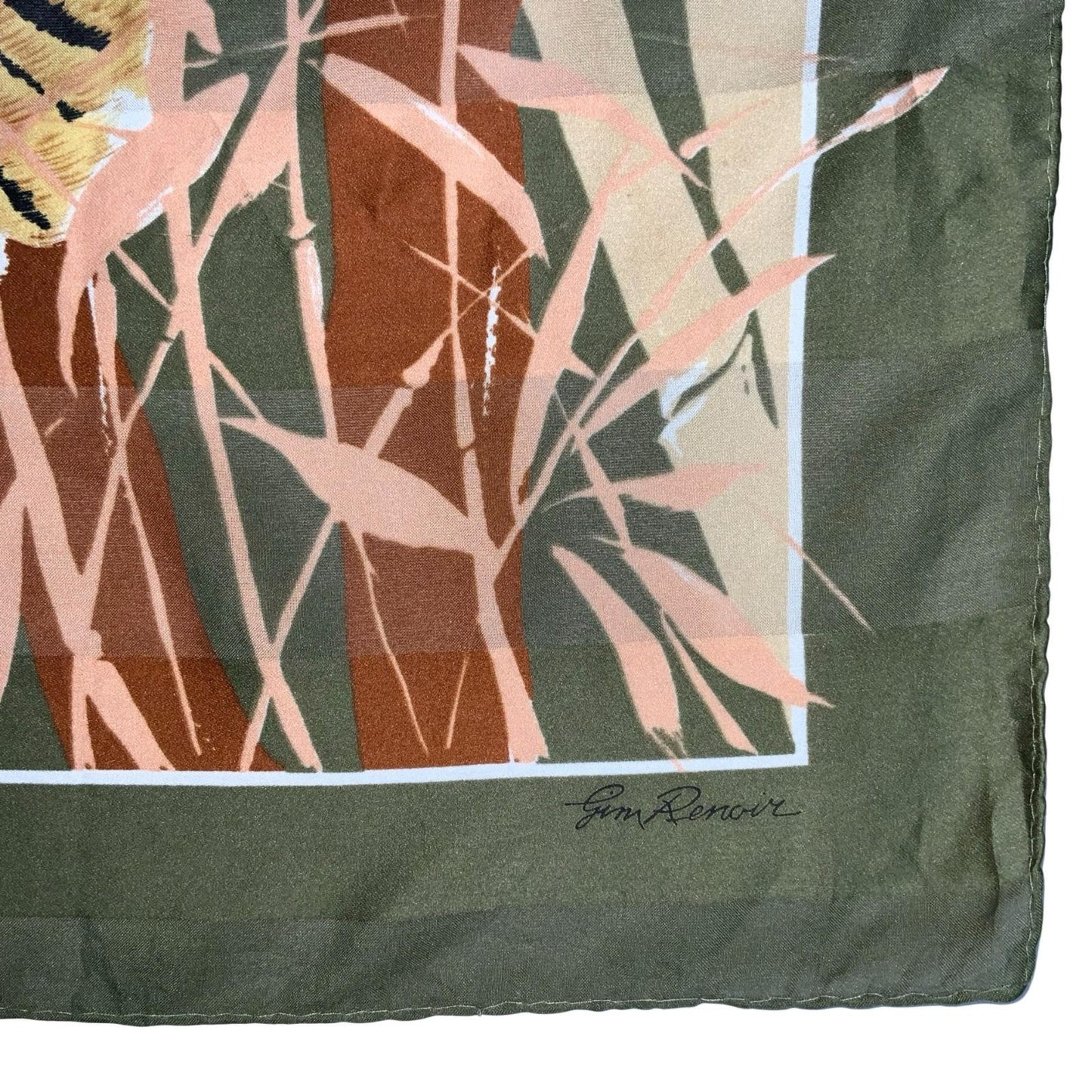 VTG 1980s 'GIM RENOIR' AMAZING GREEN BROWN BEIGE TIGER FACE SILK SQUARE SCARF