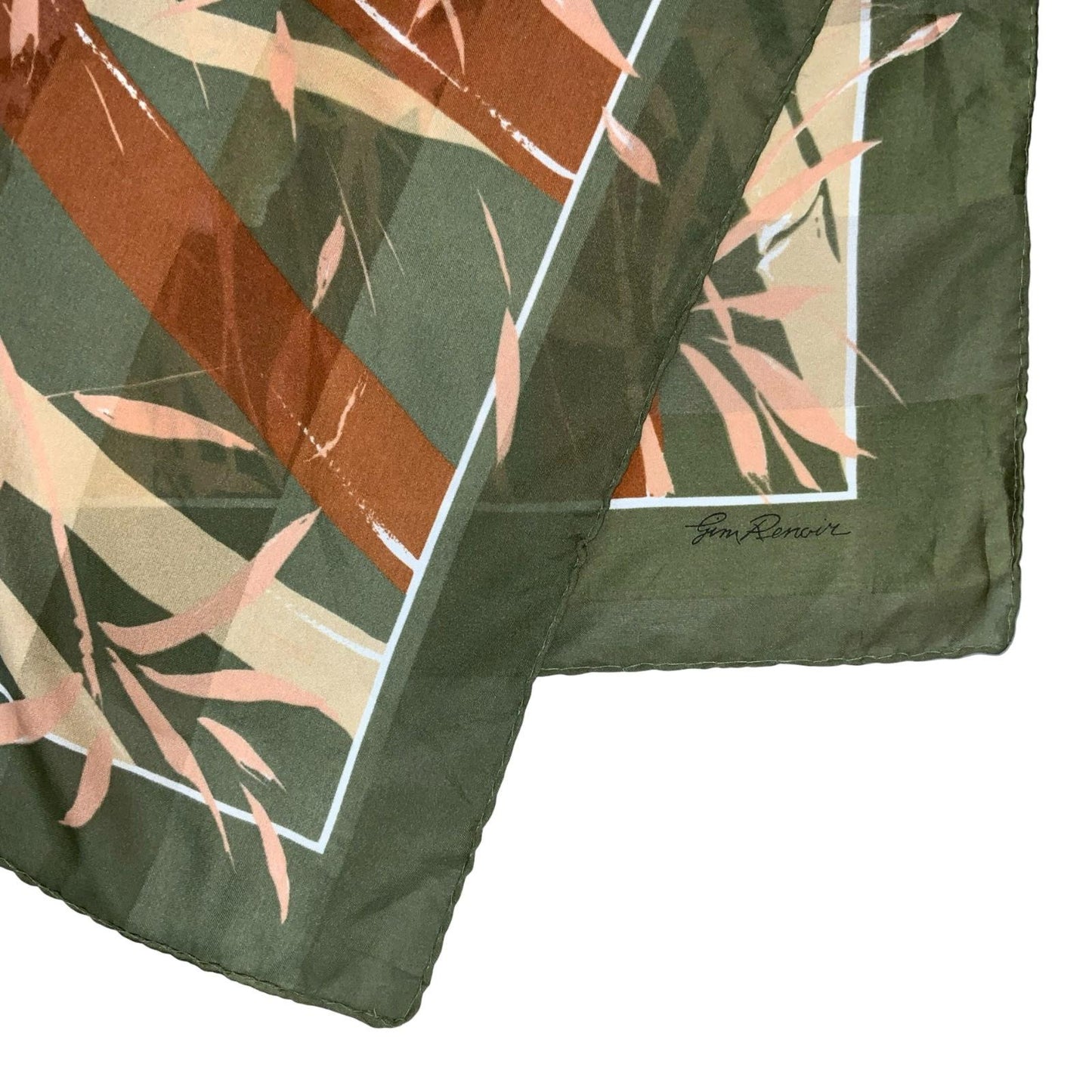 VTG 1980s 'GIM RENOIR' AMAZING GREEN BROWN BEIGE TIGER FACE SILK SQUARE SCARF